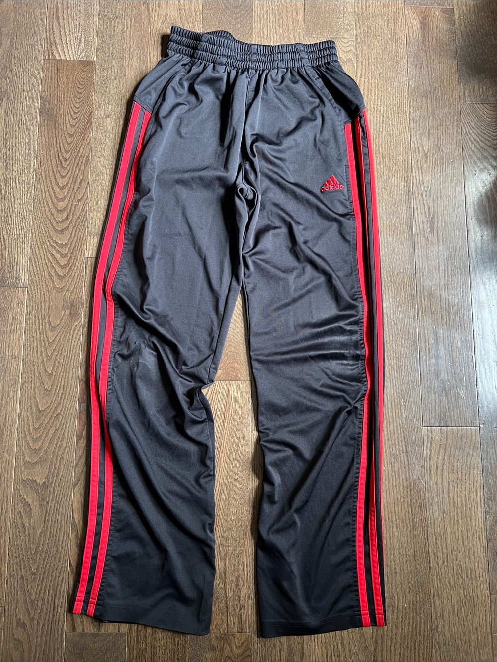 Adidas Black Track Pants with Red Stripes youth small long